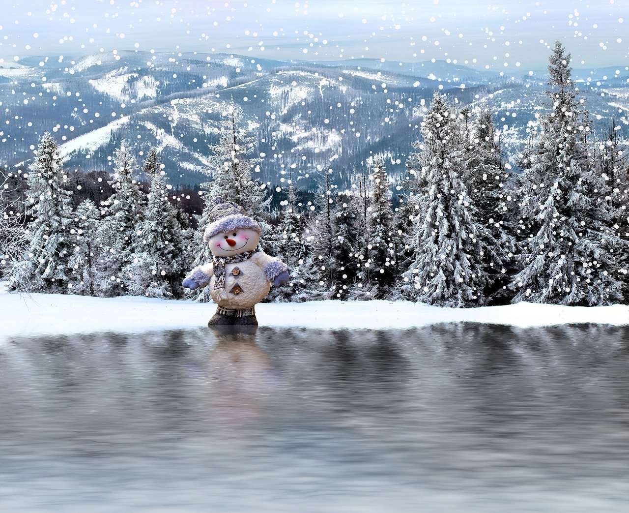 winter, snowman, lake