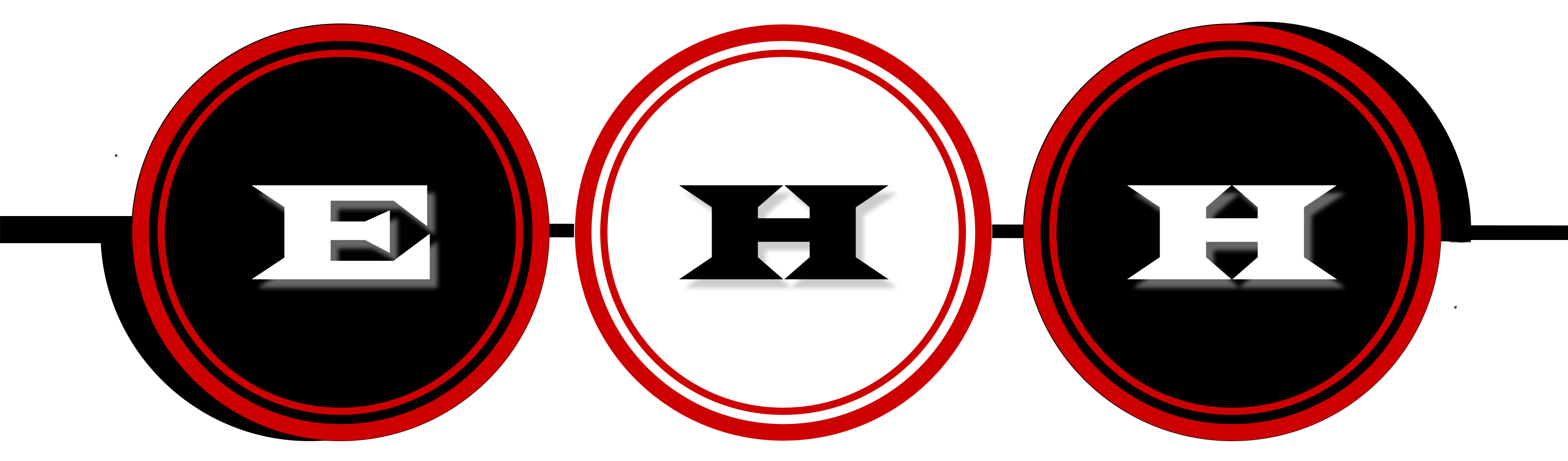 Environmental-Human-Harmony Ltd logo. Three circles in in a line with a Christmas hat on top of each one when each has inside it's centre letter E H H to the company name and two red circles decorating the large two black and middle white white circle.